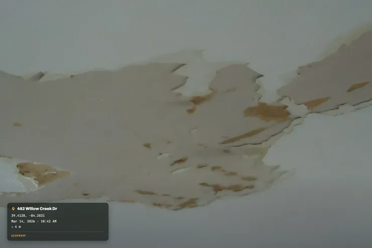 A real photo of water damage peeling paint off a ceiling, with GPS coordinates, street address, timestamp and accuracy added into the bottom-left corner as an example of GeoProof's stamp