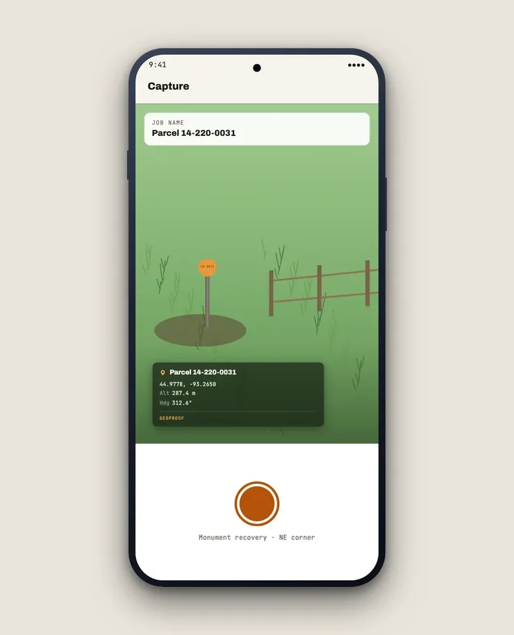 Mockup of the GeoProof capture screen showing coordinates, altitude and compass heading fields stamped into a live monument-recovery preview