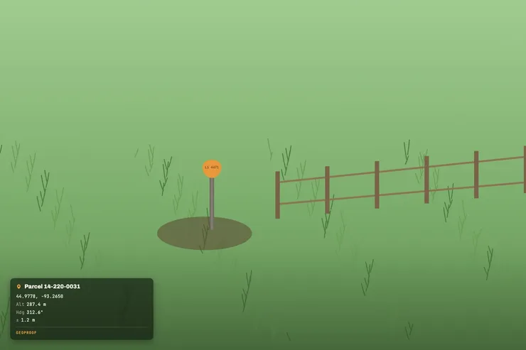 Illustrative example of a rebar boundary monument with a surveyor's cap in grass near a fence line, with coordinates, altitude, compass heading and accuracy burned into the bottom-left corner