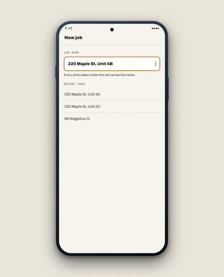 Mockup of the GeoProof job name screen set to a street address with a unit number, plus a list of recent jobs at the same building