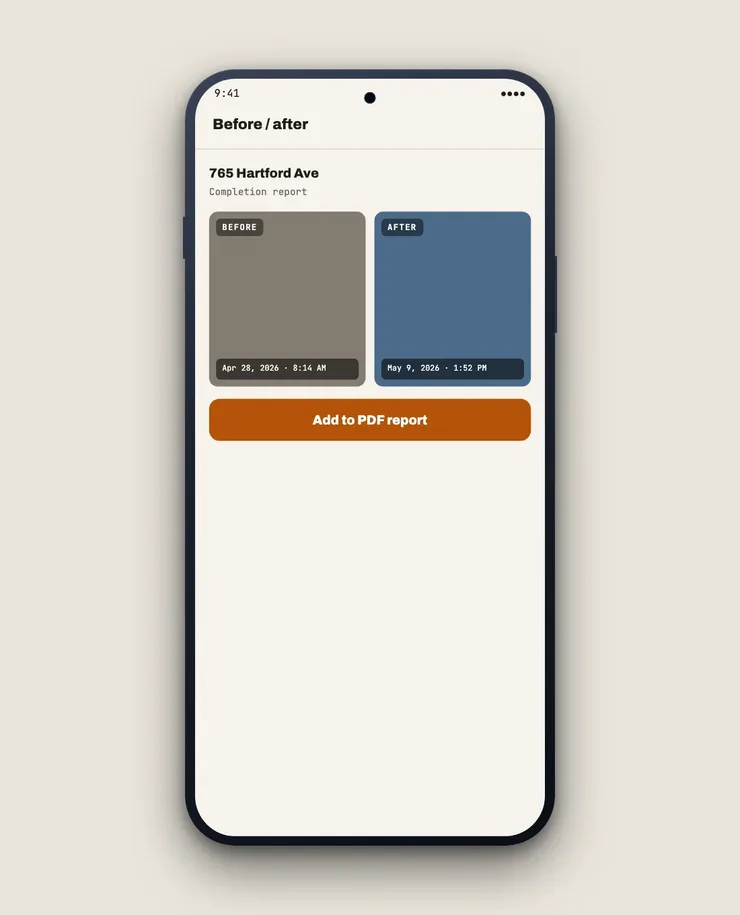 Mockup of the GeoProof before/after report screen, showing two stamped thumbnails from the same address weeks apart, ready to add to a completion PDF