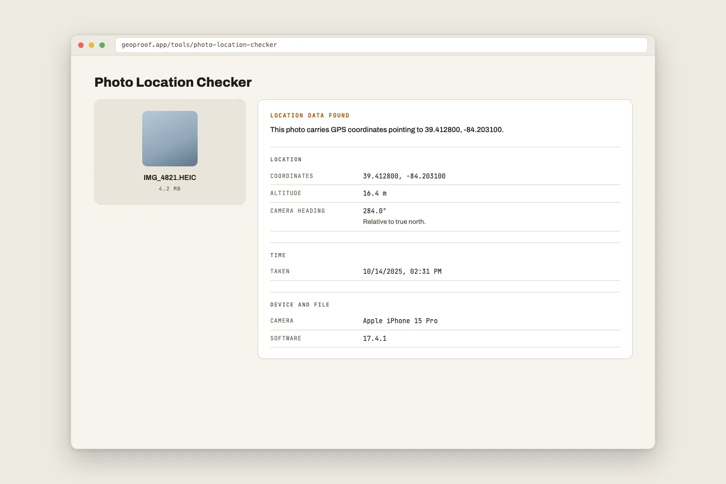 Mockup of the Photo Location Checker mid-use: a photo dropped in on the left, and the EXIF readout panel on the right showing coordinates, altitude, camera heading, capture time, camera model and software